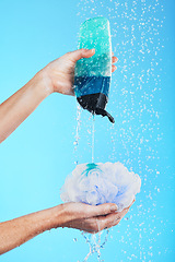 Image showing Skincare, dermatology and hands with loofah and shower gel of person washing isolated in a studio blue background. Self care, beauty and person or model using soap and sponge for morning routine