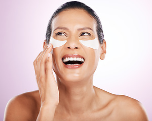 Image showing Laughing, skincare and woman eye patches in studio isolated on purple background. Thinking, dermatology cosmetics or funny, face and mature female model with facial mask for anti aging or collagen.