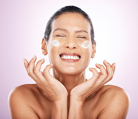 Image showing Face smile, cream and skincare of woman in studio isolated on a purple background. Mature, beauty and happy female model with dermatology lotion, creme and moisturizer cosmetics for healthy skin.