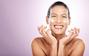 Image showing Face smile, cream and skincare of woman in studio isolated on a purple background mockup. Mature, portrait and female model with dermatology lotion, creme and moisturizer cosmetics for healthy skin.