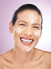 Image showing Face, laughing and woman with skincare cream in studio isolated on purple background. Dermatology, cosmetics portrait and happy mature female with lotion, creme or moisturizer product for skin health