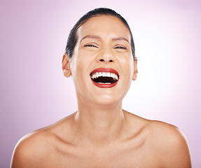 Image showing Laughing, face makeup and lipstick of woman in studio isolated on a purple background. Skincare, cosmetics portrait and happy, funny and mature female model with red lip gloss for skin glow or beauty