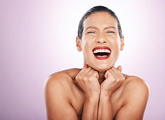 Image showing Laughing, face makeup and lipstick of woman in studio isolated on a purple background. Skincare, cosmetics portrait and happy, funny and mature female model with red lip gloss for skin glow or beauty