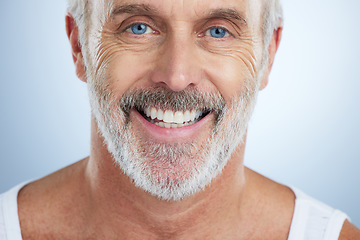 Image showing Senior man, face and teeth with smile for dental care, hygiene or surgery against a studio background. Portrait of happy elderly male smiling for facial, tooth whitening or oral and mouth treatment