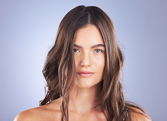 Image showing Woman, beauty portrait and hair care in studio for curls, growth and healthy shine on blue background. Aesthetic female model face for skincare, haircare and cosmetic results for salon or hairdresser