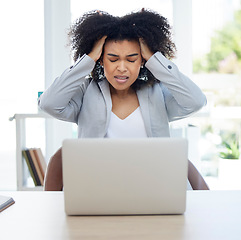 Image showing Woman, laptop or pulling hair in stress for financial planning failure, crisis or investment fraud. Frustration, annoyed or anxiety for business worker on technology, finance mistake or phishing scam