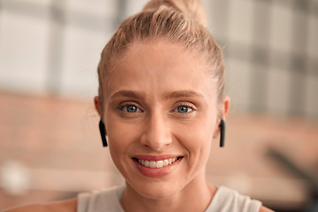 Image showing Woman, face and happy in gym, earpods and listening to music for motivation to exercise with portrait and fitness. Health, active lifestyle and headshot with radio streaming, wifi and workout mockup