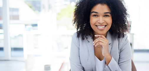 Image showing Happy, space and portrait of a woman at office for success, executive job and corporate professional. Smile, pride and a female employee at an agency for business, career successful with mockup
