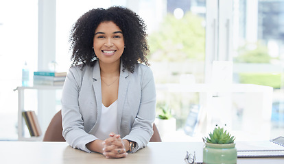Image showing Business woman, happy or portrait in job interview, we are hiring or recruitment meeting on mockup. Smile, face or corporate manager in human resources, hr or ready for recruiting employee assessment