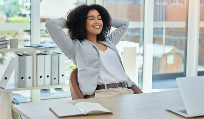 Image showing Happy business woman stretching at desk for relax, career success and work life balance in her office. Professional worker or biracial person calm, confident and peace for project time management