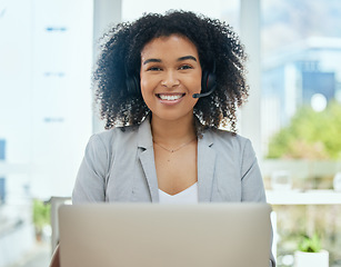 Image showing Woman, laptop or smile portrait in call center, customer support or CRM consulting in contact us office. Happy, face or business receptionist on headset technology for communication, help or advice