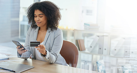 Image showing Happy, woman or phone in credit card investment, financial growth or fintech software management on hologram code. Coding, abstract or data analytics overlay by worker on online shopping tech