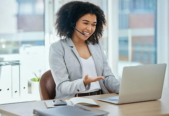 Image showing Happy woman, laptop or talking in call center, customer support or CRM consulting in contact us office. Smile, speaking or business receptionist on headset technology in communication, help or advice