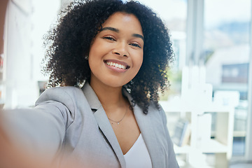 Image showing Happy business woman, portrait or selfie in about us, company profile picture or social media introduction. Smile, face or self photography of worker in corporate financial office or friendly picture