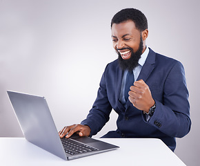 Image showing Winner black man on laptop isolated on a white background stock market, trading success or business bonus and fist pump. Yes, winning and person celebrate sales, profit or goals on computer in studio