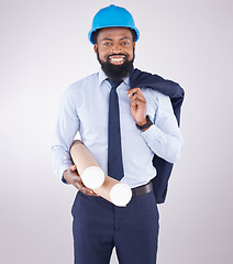 Image showing Black man, architect and studio portrait with blueprint for design, project and property by white background. African architecture engineer, smile and excited face for real estate construction