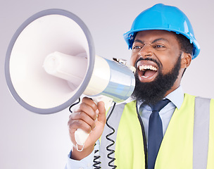 Image showing Engineer black man, megaphone and construction in studio portrait for angry shouting by white background. Engineering, architect or manager with loudspeaker in workplace with anger on frustrated face