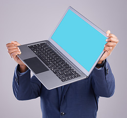 Image showing Hands, laptop green screen and studio with man, mockup space or web design with suit by white background. African businessman, computer ux or blank for mock up, logo or corporate branding by backdrop