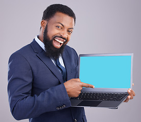Image showing Laptop, green screen and black man isolated on gray background portrait for business software mockup or product placement. Wow, excited or happy digital person with computer website mock up in studio