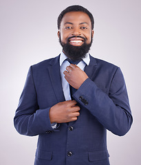 Image showing Portrait, business and happy man fixing tie in studio of professional manager, leadership smile and gentleman. Corporate black male adjusting suit of CEO, confidence and happiness on white background