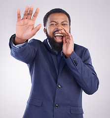 Image showing Stop, warning and portrait of a black man shouting isolated on a white background in a studio. Screaming, hand gesture and an African businessman yelling to get attention, danger or bad situation