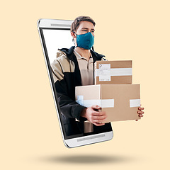 Image showing Phone, man and 3d box for delivery, logistics or face mask for safety from covid by studio background. Logistics professional, boxes or smartphone ux for product, transport or job at shipping company