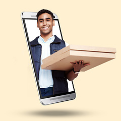 Image showing Phone, portrait and pizza delivery app with a man on screen in studio against a cream background. Food, order and ecommerce with a male fast food courier on a mobile display for easy convenience