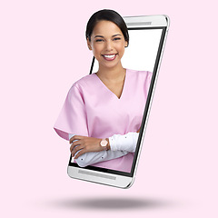 Image showing 3d telehealth nurse, phone and online with screen, portrait and happy for app by pink background. Medic woman, face or smile for healthcare, advice or communication on internet for wellness service