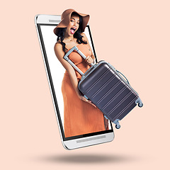 Image showing Phone, woman and suitcase on 3d screen for portrait, happiness and summer vacation by studio background. Girl, young and excited face with bag for international travel, holiday and happy by backdrop