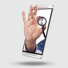 Image showing Phone, hand and stethoscope on 3d screen for health care app, medical check or help by white background. Medic tools, telehealth or ux for healthcare, advice and results on web for wellness service