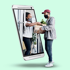 Image showing Phone woman and 3d screen with delivery, box and groceries from black man with mask by green background. Ecommerce, logistics professional and vegetables for remote customer experience on smartphone