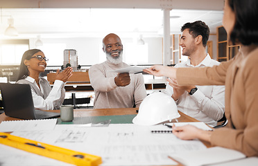 Image showing Meeting success, blueprint or happy engineering team with innovation, our vision or project development. Architecture, documents or senior manager with group of people clapping for goals in office