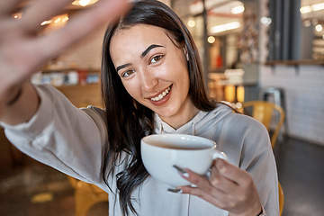 Image showing Coffee shop, selfie portrait and woman with drink, espresso or latte promotion for student lifestyle or remote work. Happy person with profile picture update or face photography in cafe or restaurant