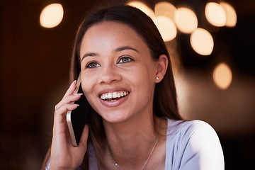 Image showing Phone call, mobile communication and face of happy woman listening, talking and chat to digital networking contact. Discussion, smile or teen person smile, speaking and on cellphone conversation