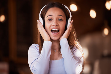 Image showing Woman, portrait or surprise music headphones in cafeteria, restaurant or coffee shop in studying break, rest or relax singing. Face, shocked or student listening to audio, radio or university podcast