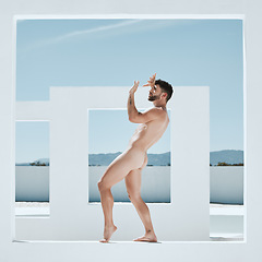 Image showing Man model, naked statue pose and art deco frame of a male outdoor for fine and lgbt body artwork. Architecture, nude and live greek statues with person with power and homosexual figure for creativity