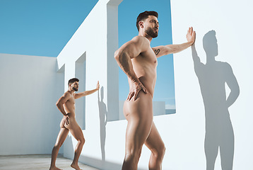 Image showing Art, body and posing nude men in sun, shadow and leaning on wall together in creative architecture. Pride, power and light, gay model in athletic Greek statue pose, freedom in lgbt self expression.