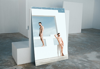 Image showing Art, aesthetic and naked men in mirror, creative architecture and blue sky, muscle and lgbt body. Pride model, reflection and gay couple posing as artistic Greek statue with freedom in sun together.