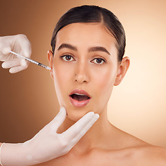 Image showing Plastic surgery hands, surprise portrait and woman face with needle facial change, cosmetic process or studio skincare. Filler injection, wow healthcare or aesthetic female beauty on brown background