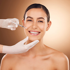 Image showing Plastic surgery needle, face portrait or woman happy for facial change, cosmetic process or studio skincare. Filler injection, female healthcare hands or girl for aesthetic beauty on brown background