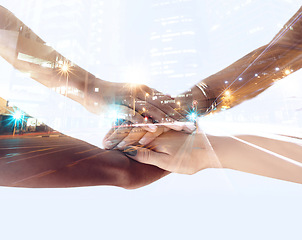 Image showing City, double exposure and hands stacked of people teamwork, collaboration and connection in urban development. Group of employees, hand together sign and partnership in street mockup or night overlay