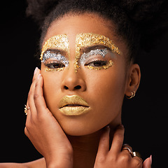 Image showing Beauty, gold and makeup with portrait of black woman in studio for luxury, cosmetics or African pride. Natural, creative and goddess with female model on black background for queen, bronze or glamour