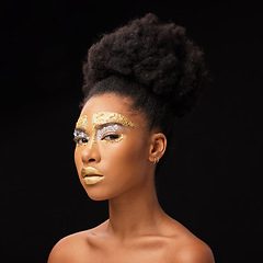 Image showing Beauty, gold and portrait with black woman and makeup in studio for luxury, cosmetics and African pride. Natural, creative and goddess with female model on background for queen, bronze and glamour