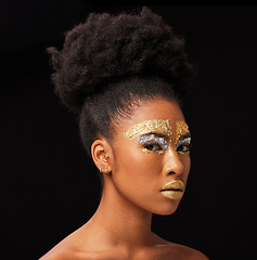 Image showing Beauty, gold and glamour with black woman and makeup in studio for luxury, cosmetics and African pride. Natural, creative and goddess with female model on background for queen, bronze and glitter
