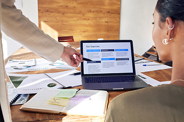 Image showing Laptop screen, website and people planning for digital marketing deal, offer or proposal of clients hands in office meeting. Computer web design, IT company and woman reading about us or infographics