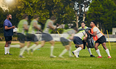 Image showing Rugby men, running or sports sequence on field for game practice or match training for team goals. Speed of athlete players in strong tackle on pitch for gaming event outdoor in action or motion blur