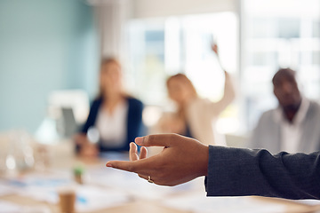 Image showing Presentation, manager and a hand in a meeting for leadership, team coaching and conference. Business, speaker and a boss speaking in a workshop, teaching workers and leading a group together at work