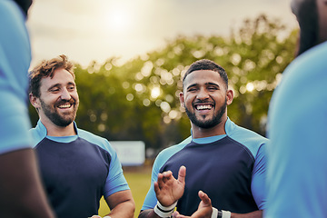 Image showing Men, happy or laughing rugby team on fitness break, exercise workout or training in sports club game. Smile, funny friends relaxing or group of people bonding or talking in practice match together