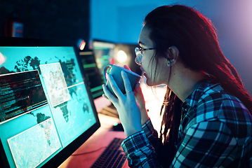 Image showing Computer screen, coffee or cyber security woman hacker in dark room for coding, phishing or blockchain. Night, programmer ux or girl hacking online in digital transformation on global ai website