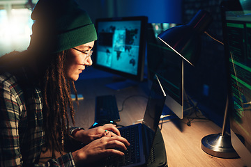 Image showing Woman, laptop and hacker typing in home with software, data programming or cybersecurity. Developer, it coder and female focus on hacking, phishing or malware code on computer for dark web at night.